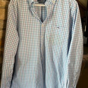Vineyard Vines Men's Light Blue and Pink Check Shirt